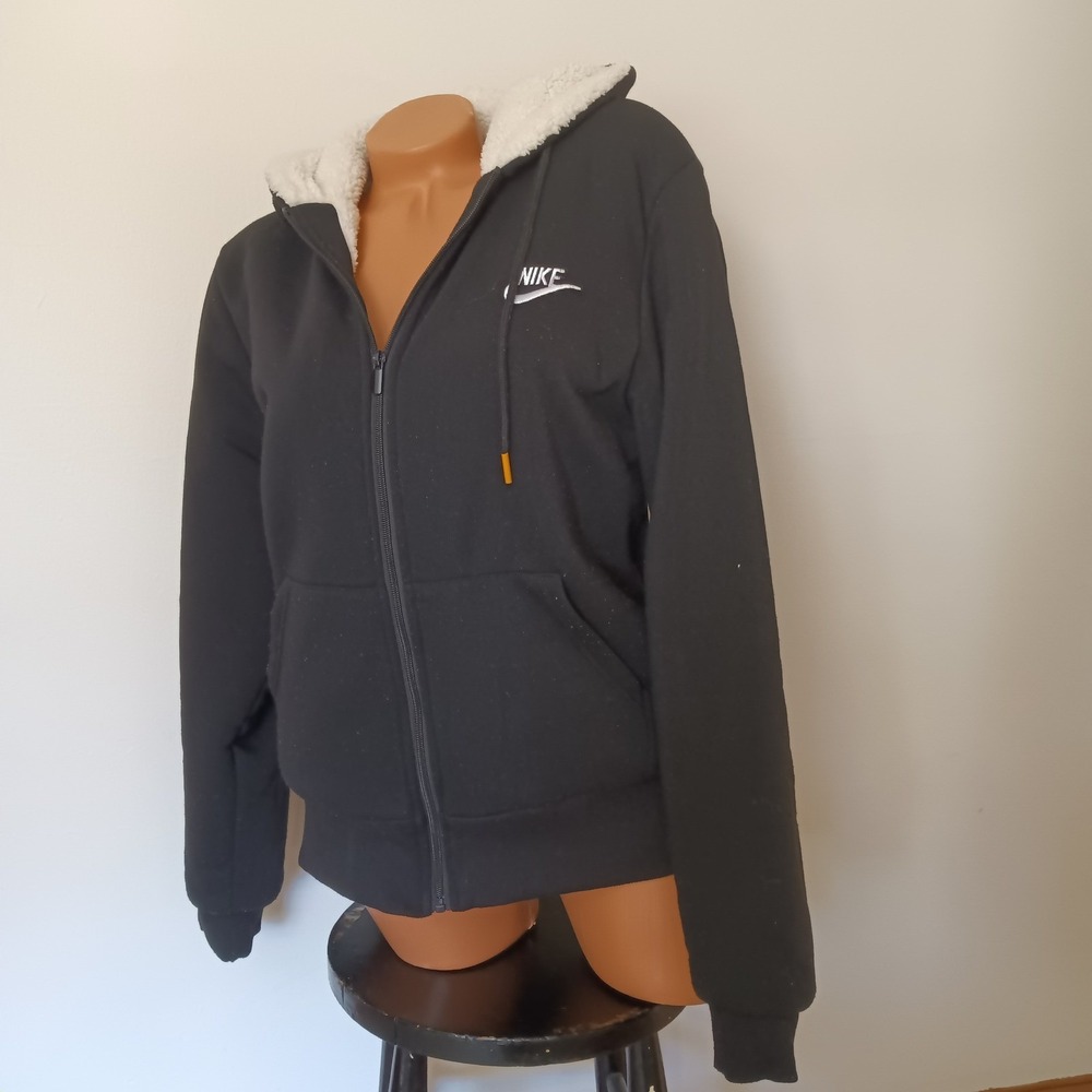 Yuna Womens Nike Logo Black Sherpa Lined Full Zip Hoodie - Large JUNIORS
